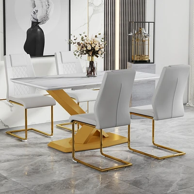 Streamdale Furniture Table and chair set, The table is equipped with a marble patterned Mdf tabletop and gold table legs.Dining chairs