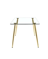 Simplie Fun Table and chair set.Modern rectangular glass dining table with tempered glass countertop and golden metal legs, paired with multiple trans