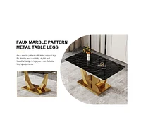 Streamdale Furniture Table and chair set.Modern rectangular dining table with black textured stickers glass tabletop and gold plated metal legs.Paired