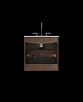 Wall Mount 24" Walnut Bathroom Vanity with Ceramic Sink with three faucet holes, Large Storage Floating Bathroom Vanity for Modern Bathroom, One-