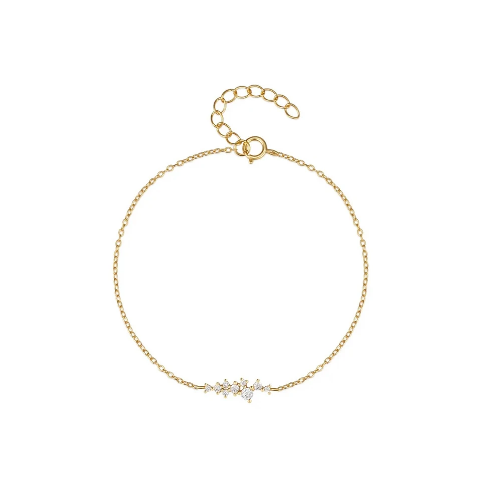 Hollywood Sensation 18K Gold Plated Sterling Silver Chain Link Bracelet with Round Cut Cubic Zirconia Cluster