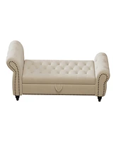 64.5" Bed Bench for Bed Room Nails Tufted Chaise of Lounge with Storage Velvet Upholstery Beige