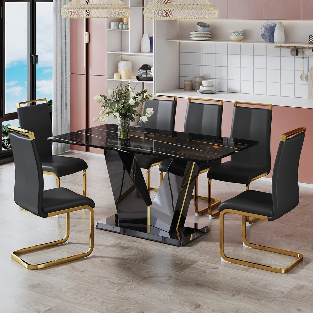 Streamdale Furniture Table and chair set, Modern minimalist rectangular dining table, 0.4 inch thick, with a black imitation marble pattern glass desk