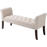 Streamdale Furniture End of Bed Bench with Button Tufted Design, Upholstered Bedroom Entryway Bench with Arms and Solid Wood Legs for Bedroom, Beige