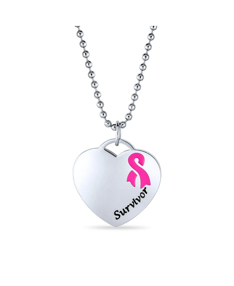 Bling Jewelry Heart Pink Breast Cancer Survivor Pendant Stainless Steel Necklace