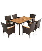 7-Piece Outdoor Patio Dining Set, Garden Pe Rattan Wicker Dining Table and Chairs Set, Acacia Wood Tabletop, Stackable Armrest Chairs with Cushions, R
