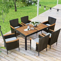 Streamdale Furniture 7-Piece Outdoor Patio Dining Set, Garden Pe Rattan Wicker Dining Table and Chairs Set, Acacia Wood Tabletop, Stackable Armrest Ch