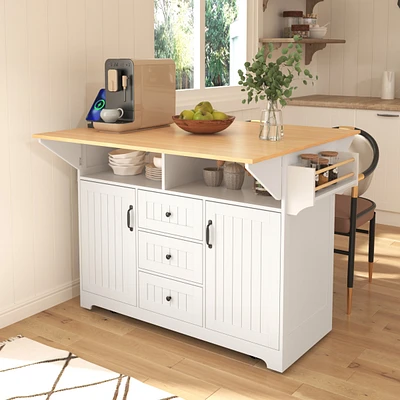 55.7" Large Kitchen Island with 2 Drop Leaf,, Rolling Kitchen Cart on 5 Wheels with Power Outlet, Folding Storage Dining Table with Spice & Towel