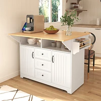 55.7" Large Kitchen Island with 2 Drop Leaf,, Rolling Kitchen Cart on 5 Wheels with Power Outlet, Folding Storage Dining Table with Spice & Towel