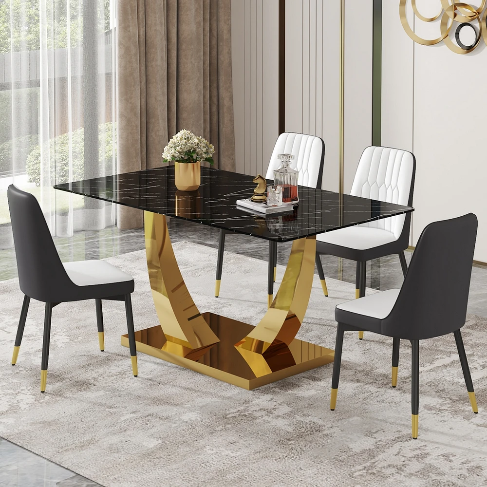 Streamdale Furniture Table and chair set.Modern rectangular dining table with black textured stickers glass tabletop and gold plated metal legs.Paired