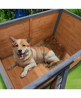 Streamdale Furniture 45" large solid wood dog house, waterproof Pvc plastic roof, breathable wooden doors