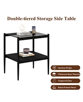 Set of 2 Rectangle End Table, Tempered Glass Tabletop with Mdf layer, Modern Table for Living Room, Gray Glass