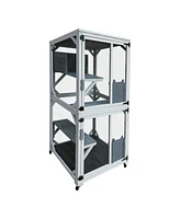 30.7" Wooden Catio Outdoor Cat Enclosure, Luxury Cat House on Wheels with Napping House, 4 Platforms & Weatherproof Asphalt Roof, Large Kitty Cat
