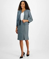 Kasper Womens Open Front Piped Trim Tweed Jacket Pleated Slim Fit Pencil Skirt