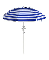 5.7' Portable Beach Umbrella with Tilt, Adjustable Height, 2 Cup Holders & Hooks, Uv 40+ Ruffled Outdoor Umbrella with Vented Canopy, Blue White Strip
