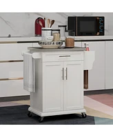 Kitchen Island on Wheels, Rolling Kitchen Cart with Stainless Steel Countertop, Drawer, Towel Rack and Spice Rack, Utility Storage Trolley, Cream Whit