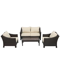 Antibes 4Pcs Wicker Chat Set - Brown Wicker And Beige Cushion