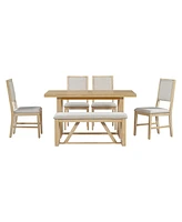 6-Piece Retro Dining Set, 1 Rectangular Table with Designed Trestle Base and 4 Upholstered Chairs and 1 Bench for Dining Room and Kitchen (Gray)