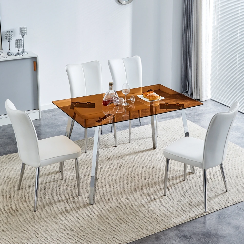 Streamdale Furniture Table and chair set. Large modern rectangular table with brown glass top and silver metal legs. It comes with soft and comfortabl