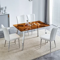 Simplie Fun Table and chair set. Large modern rectangular table with brown glass top and silver metal legs. It comes with soft and comfortable Pu seat