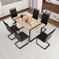 59" Rural Industrial Rectangular Mdf Light Wood Dining Table Set and Pu Armless Dining Chair Set, 6-piece. Kitchen Black Metal Table Leg Dining C