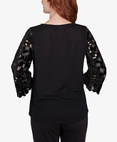 Ruby Rd. Petite Velvet Rosette Lace Sleeve Bejeweled Solid Blouse