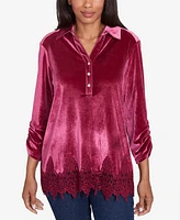 Ruby Rd. Petite Stretch Velvet Lace Trim V-Neck Top