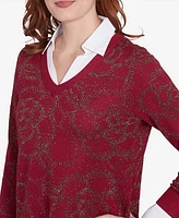 Ruby Rd. Petite Metallic Floral Layered Shirt Collar V-Neck Sweater