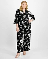 Kasper Plus Size Split Neck Floral Flutter Sleeve Top Straight Leg Pants