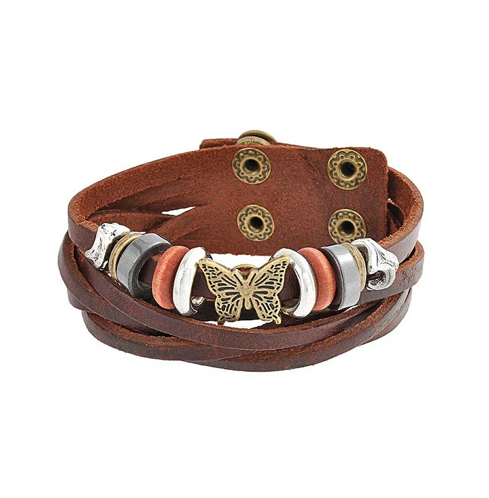 Bling Jewelry Butterfly Multi Charm Brown Leather Multistrand Wrap Cuff Bracelet