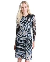 Dkny Petite Printed Side-Ruched Sheer-Sleeve Mesh Dress