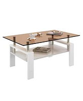 Rectangle Coffee Table, Tempered Glass Tabletop with Mdf Layer, Modern Table for Living Room, Brown Glass