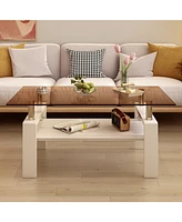 Simplie Fun Rectangle Coffee Table, Tempered Glass Tabletop with Mdf Layer, Modern Table for Living Room, Brown Glass