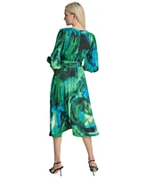 Dkny Women's Printed Sash-Tie V-Neck Elbow-Sleeve Midi Dress