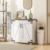 Modern Farmhouse Sideboard, Buffet Cabinet with Barn Style Door and Adjustable Shelf, Kitchen Storage Cabinet with Wood Legs, Distressed White and Bro
