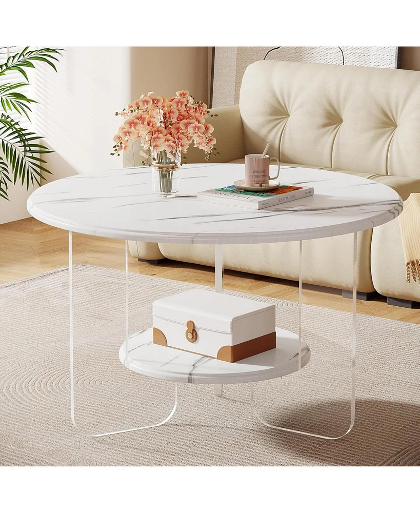 Tribesigns 31.5" Round Coffee Table with Acrylic Frame and High-Gloss Faux Marble Top, Modern Center Table with 2