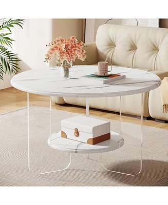 Tribesigns 31.5" Round Coffee Table with Acrylic Frame and High-Gloss Faux Marble Top, Modern Center Table with 2