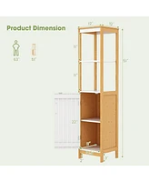 Gymax Tall Bathroom Floor Cabinet Bamboo Bathroom Storage w/Adjustable Shelf &Cupboard