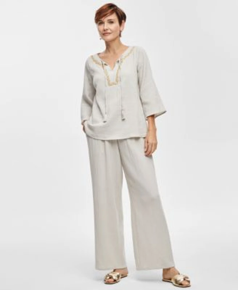 Jm Collection Womens Cotton Embellished Split Neck Top Pull On Pants Created For Macys