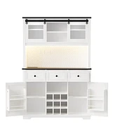 71" Farmhosue Pantry Bar Cabinet with Internal Storage Rack, Kitchen Cabinet with Hutch, Sliding Door, Power Outlet, Pegboard, Wine & Glasses Rac