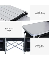 Aluminum Portable Camping Kitchen Fold-Up Cooking Table With Windscreen and 3 Enclosed Cupboards for Bbq, Party, Picnics, Backyards