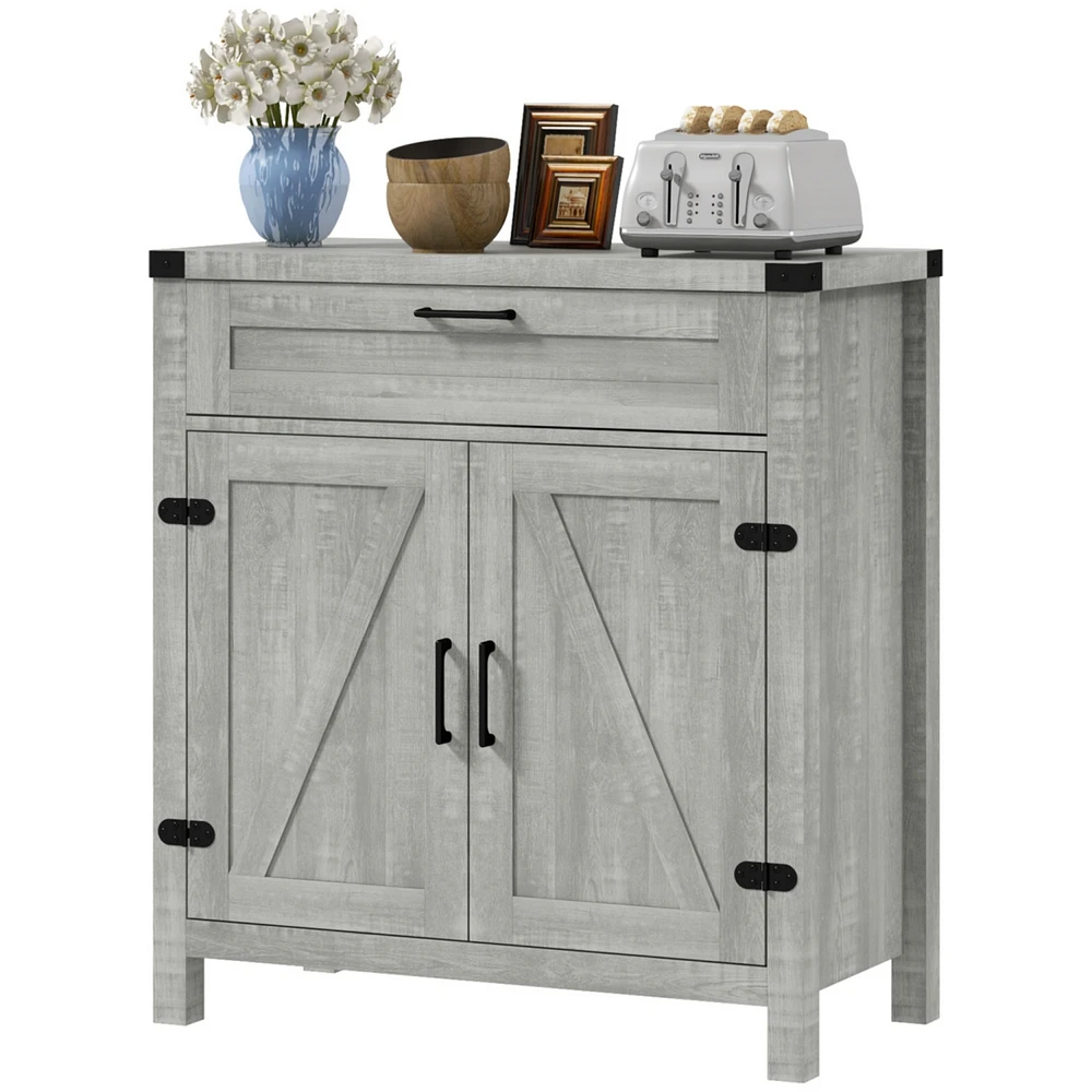 Sideboard Buffet Cabinet with Storage Drawer, Modern Farmhouse Kitchen Cabinet with 2 Barn Doors, Coffee Bar Cabinet, Gray