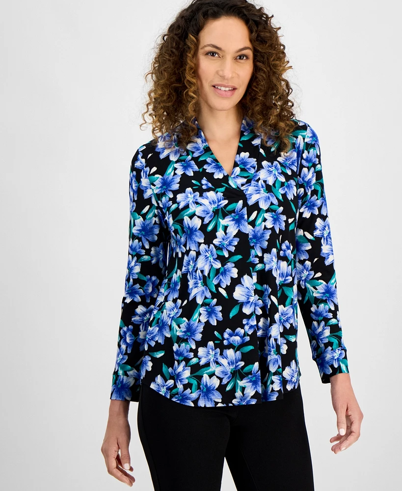 Ak Anne Klein Petite Long-Sleeve V-Neck Collar Printed Top