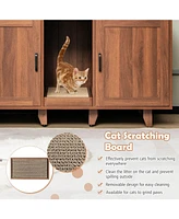 Sugift 2 Doors Cat Litter Box Enclosure with Winding Entry and Scratching Board