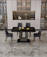 Streamdale Furniture 1 table and 4 black chairs. The table features a black imitation marble pattern desktop and black gold Mdf legs. Pair with 4 blac