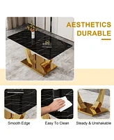 Streamdale Furniture Table and chair set.Modern rectangular dining table with black textured stickers glass tabletop and gold plated metal legs.Paired