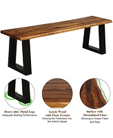 Sugift Solid Acacia Wood Patio Bench Dining Bench Seating Chair