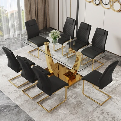 Streamdale Furniture Table and chair set.Modern rectangular dining table with Transparent tempered glass tabletop and gold plated metal legs.Paired wi