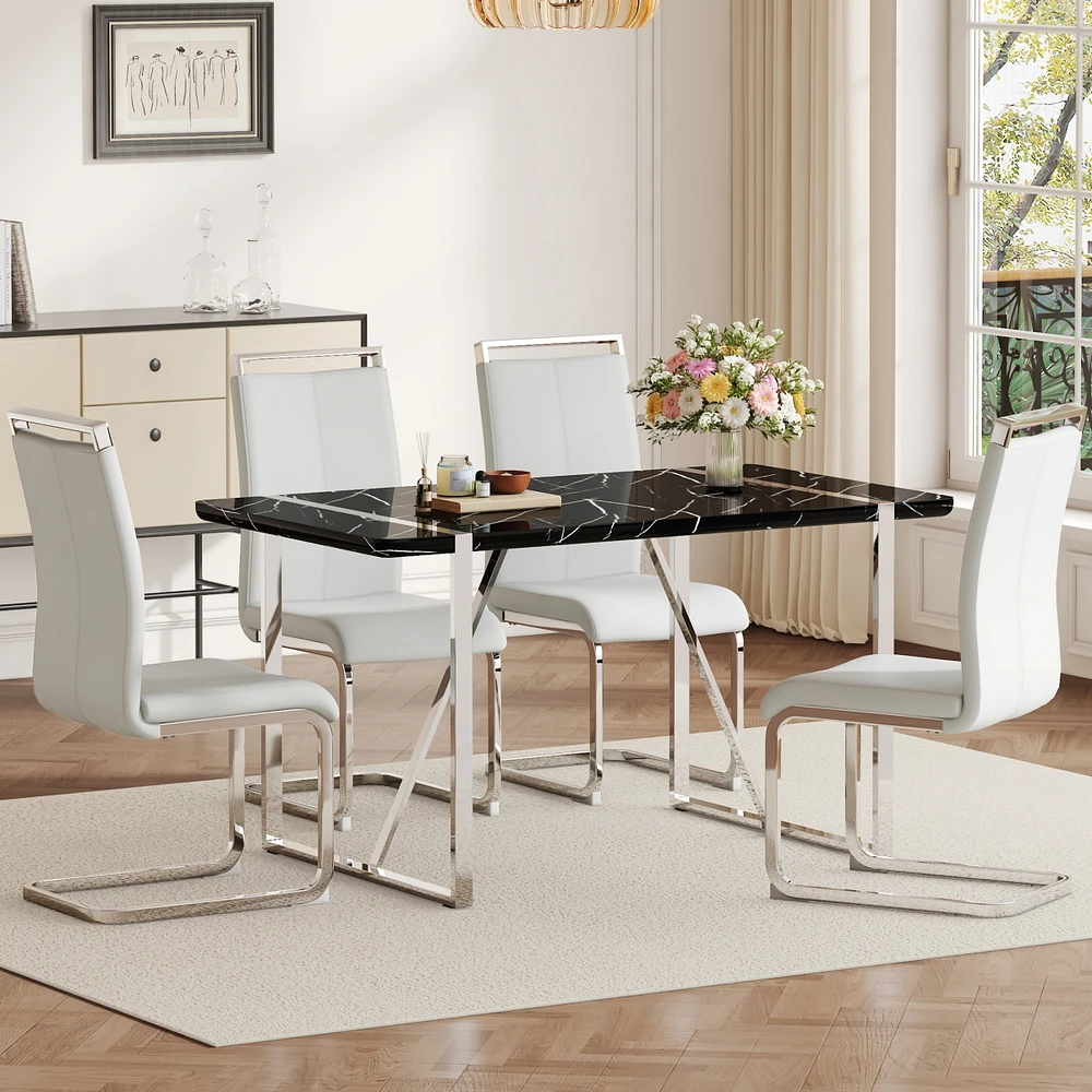 Streamdale Furniture Table and chair set.a rustic industrial rectangular Mdf black dining table with Mdf desktop and electroplated silver metal legs.P