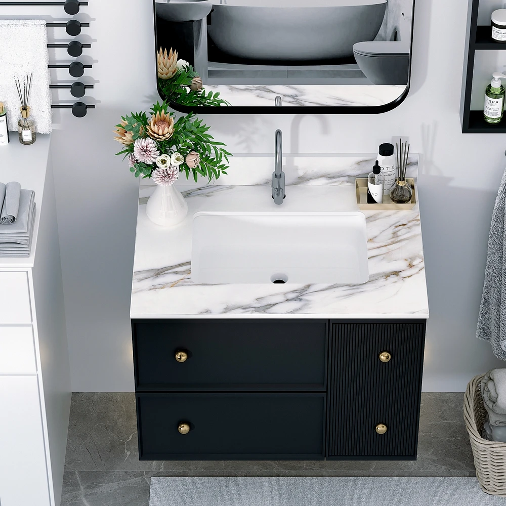 31 Inch Marble Vanity Top, Bathroom Vanity Top with Undermount Rectangular Middle Sink and 4" Height Backsplash, Pre-Drilled Faucet Hole Vanity T